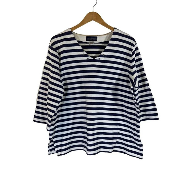Herman Geist Blue and White Striped V Neck Top XL Knit 100% Cotton 3/4 Sleeves - Picture 1 of 5